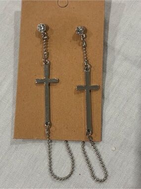 Silver Cross Drop Chain Earrings - Women Accessories